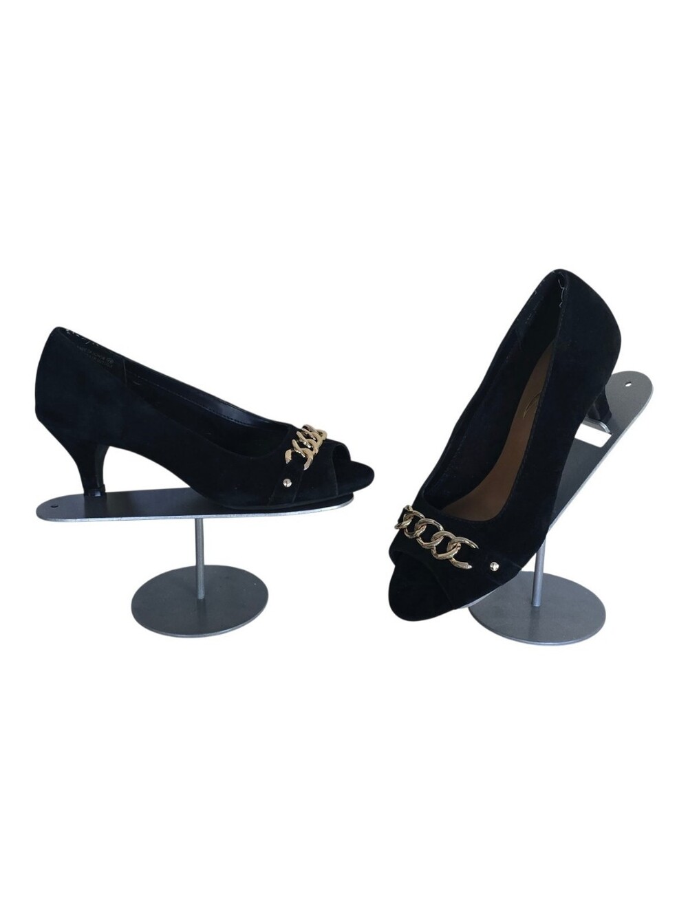 New w/o Box AEROSOLES Heelrest Black Suede Peep-Toe Pumps with Gold Chain 7.5
